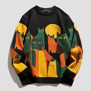 Manjianjing Men Winter Fall Sweater Color Matching Round Neck Cat Print Thick Knitted Soft Warm Long Sleeve Pullover Mid Length Unisex Couple Sweater