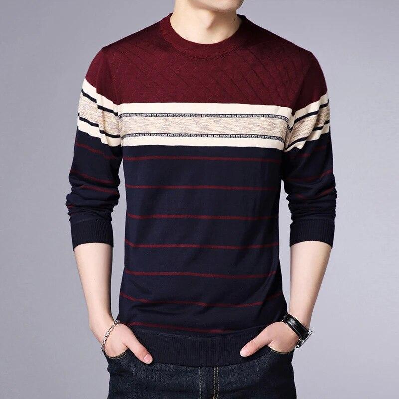 QGOOD Men's Casual Striped Knit Spring and Autumn Long Sleeved Pullover Fashion Top
