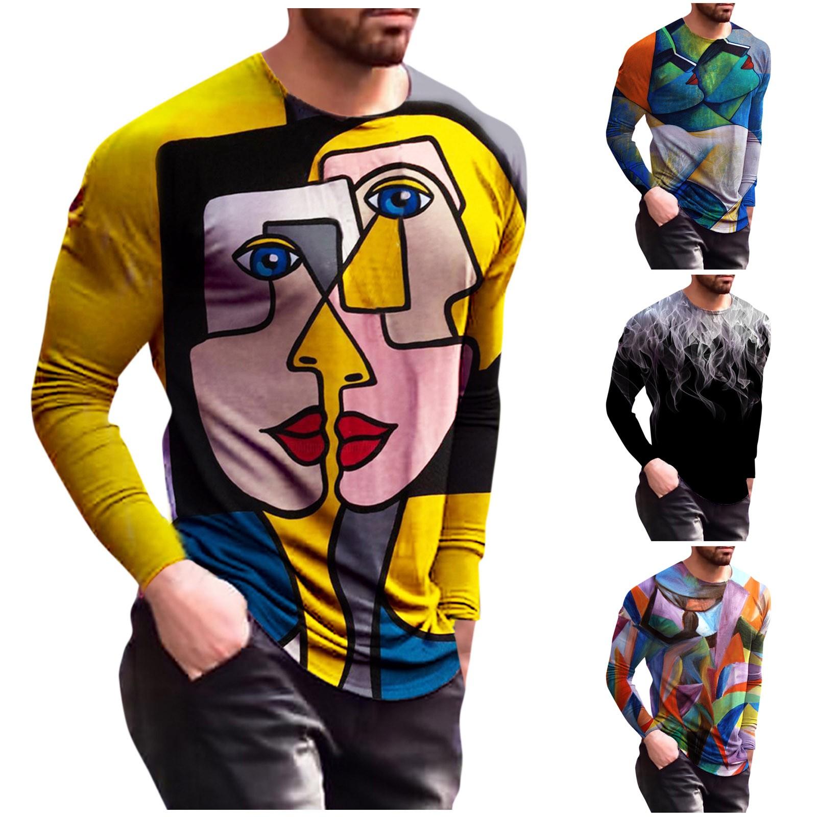 WhyMe Men's Fashion Casual Printed Long Sleeve O-Neck Shirts Tops Blouse