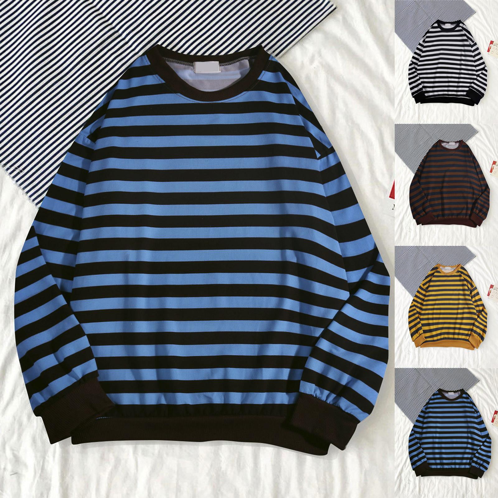 WhyMe Men's Autumn Winter Round Neck Stripe Sweatshirt Pullover Tops Long Sleeved