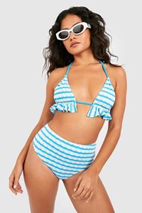 Boohoo Gewatteerde Driehoekige Gestreepte Bikini Set Met Textuur En Ruches, Turquoise