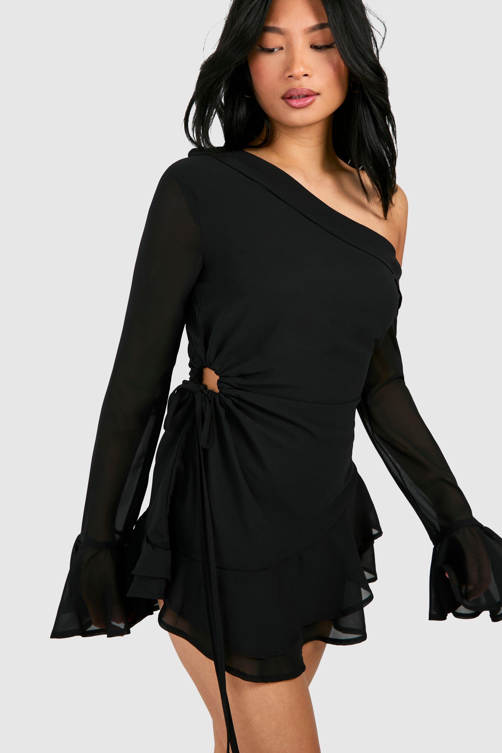 Boohoo Petite Bardot Chiffon Long Sleeve Mini Dress, Black