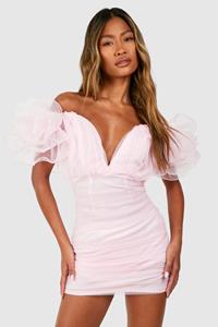 Boohoo Tulle Rouched Mini Dress, Pale Pink