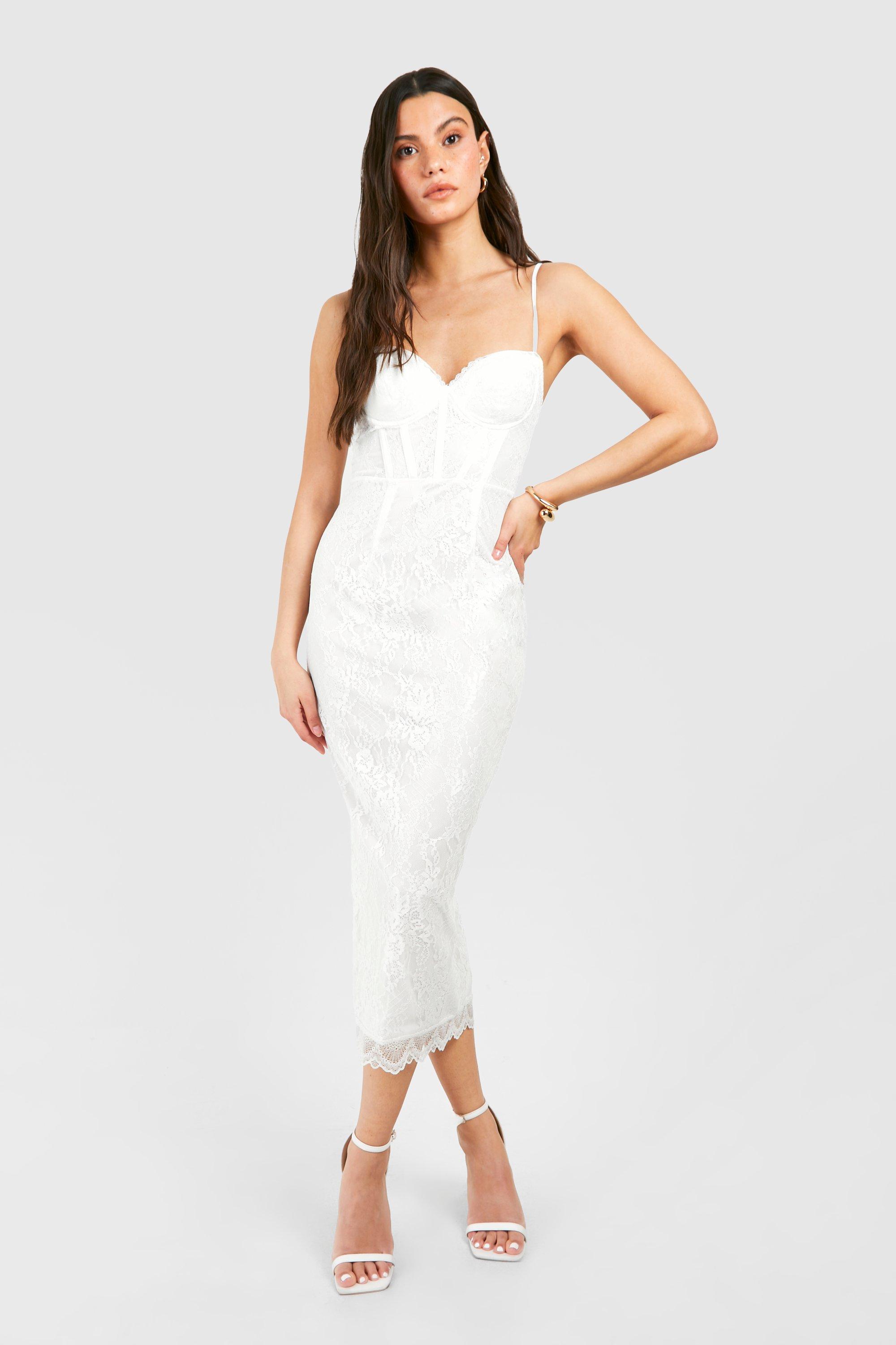 Boohoo Lace Corest Midi Dress, White