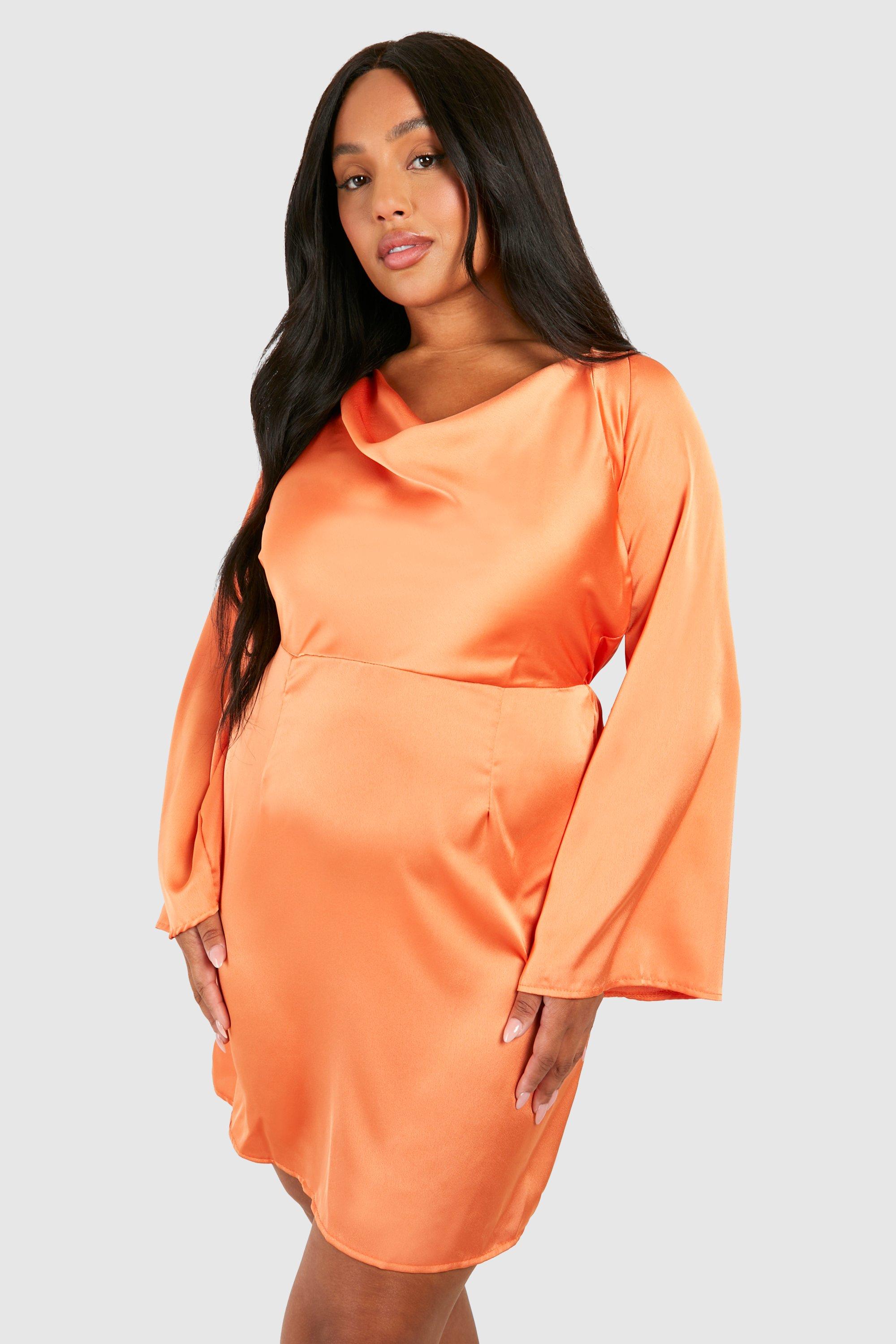 Boohoo Plus Textured Cowl Flared Sleeve Mini Dress, Orange