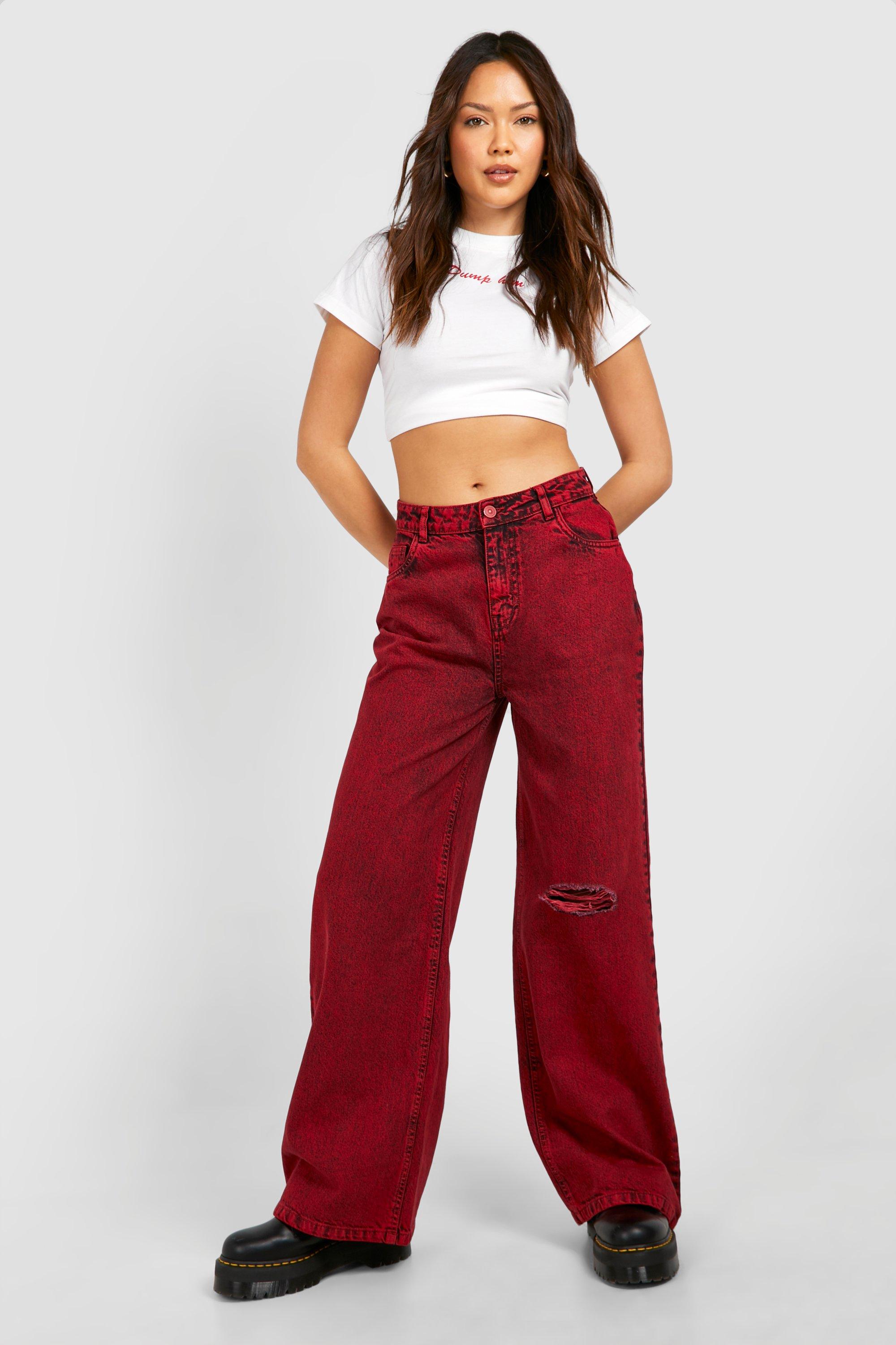 Boohoo Red Washed Wide Leg Jean, Red