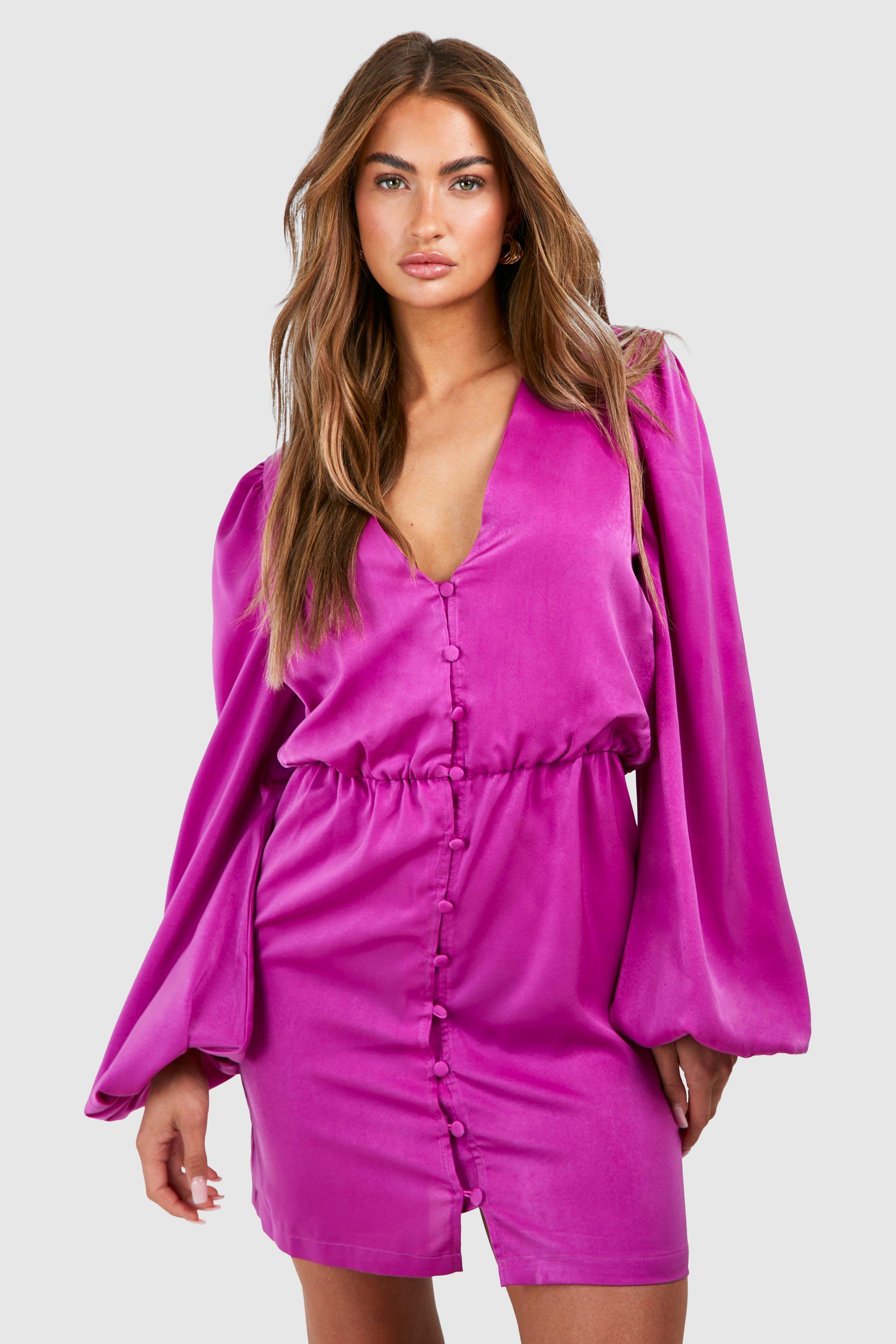 Boohoo Satin Blouson Sleeve Mini Dress, Hot Pink
