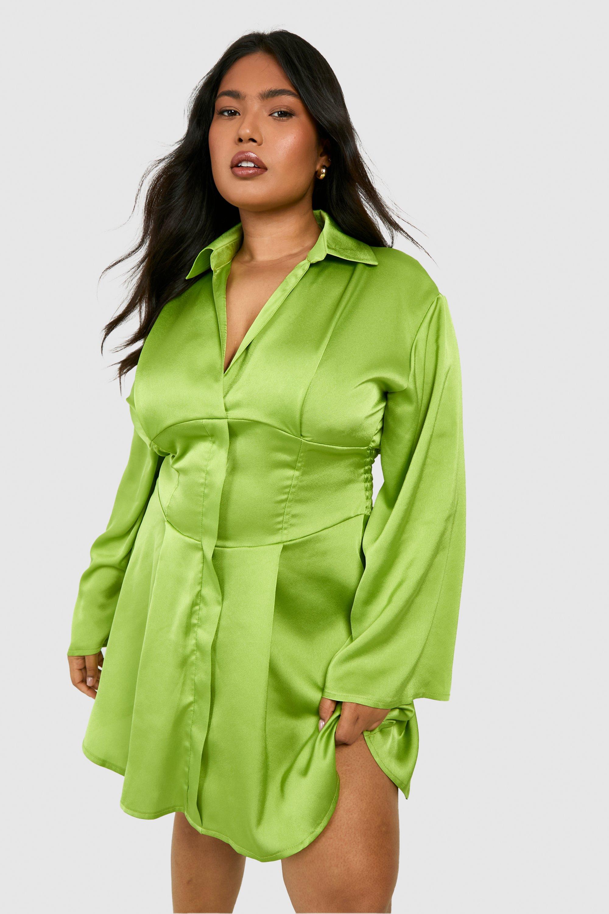 Boohoo Plus Satin Corset Detail Flared Sleeve Shirt Dress, Chartreuse
