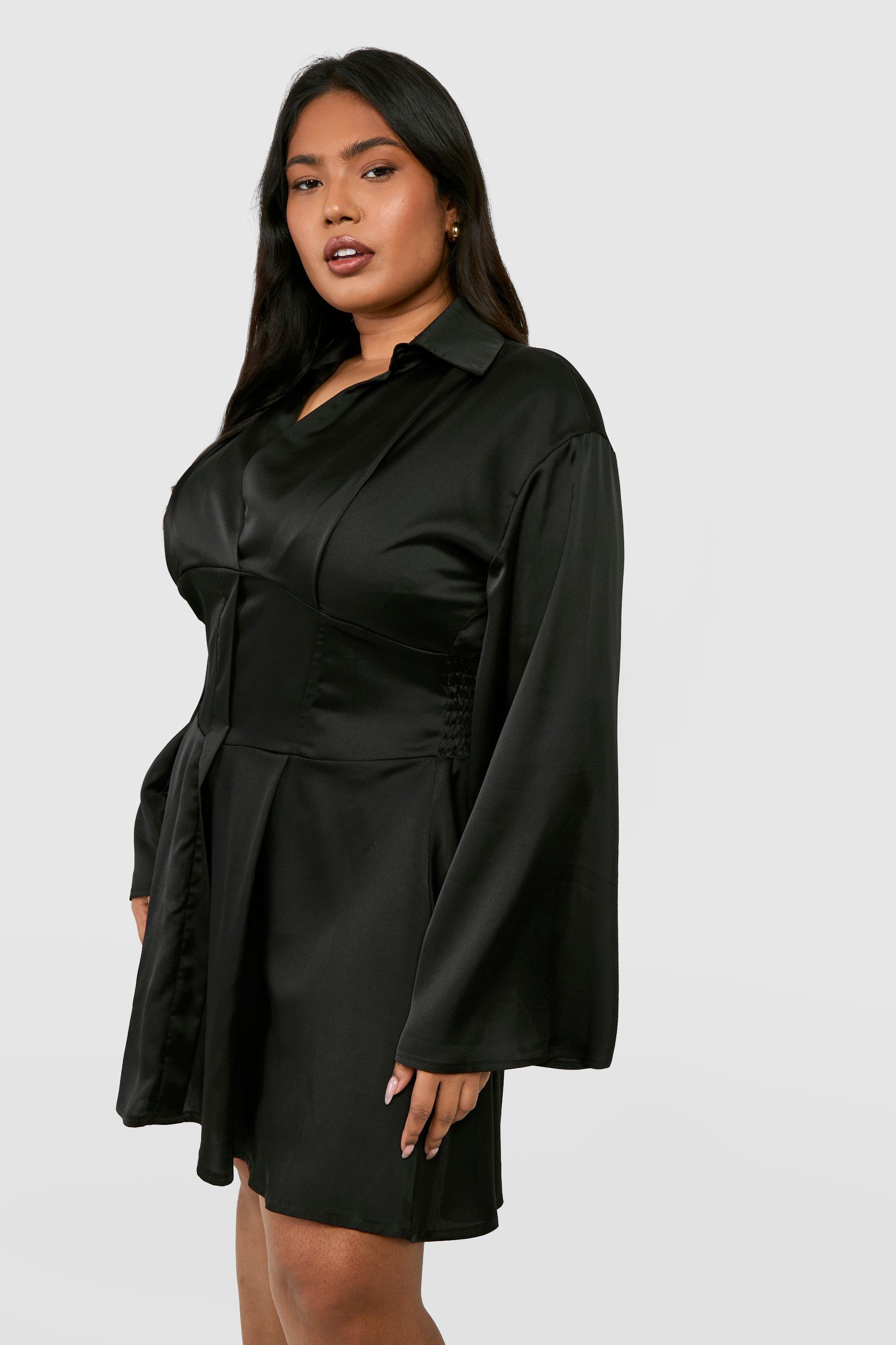 Boohoo Plus Satin Corset Detail Flared Sleeve Shirt Dress, Black