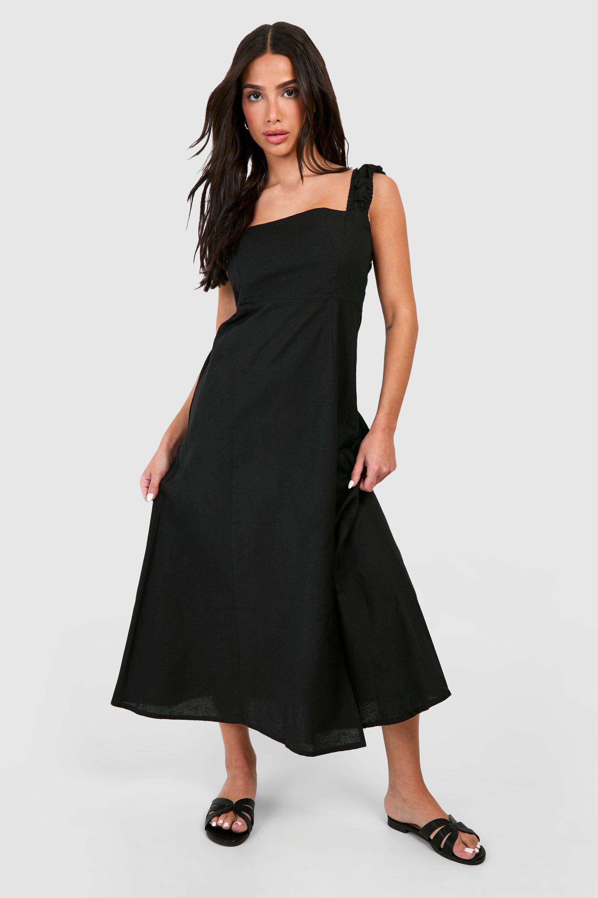 Boohoo Petite Linen Midaxi Dress, Black