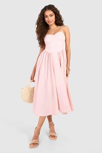 Boohoo Linen Milkmaid Midi Dress, Pink