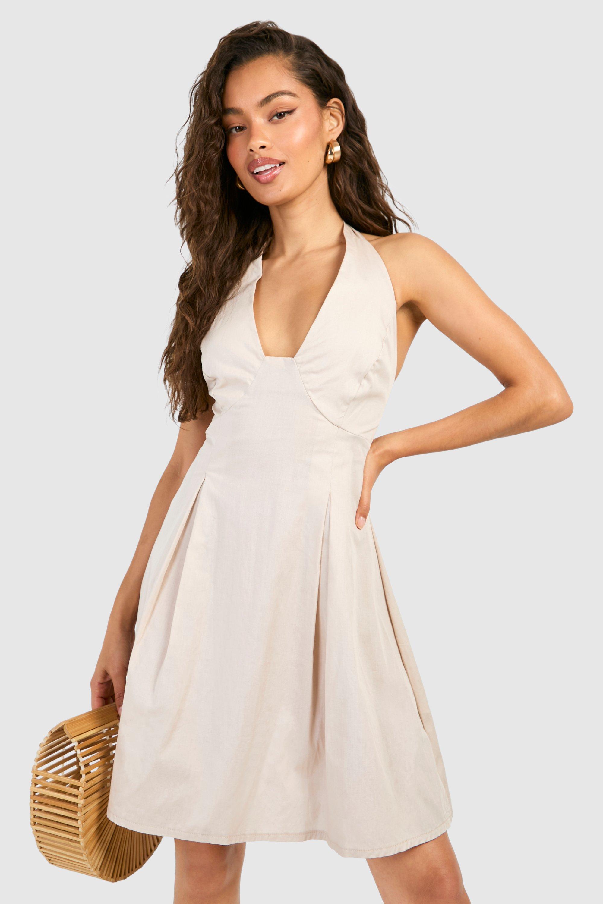 Boohoo Cotton Tie Shoulder Pleated Skater Dress, Stone