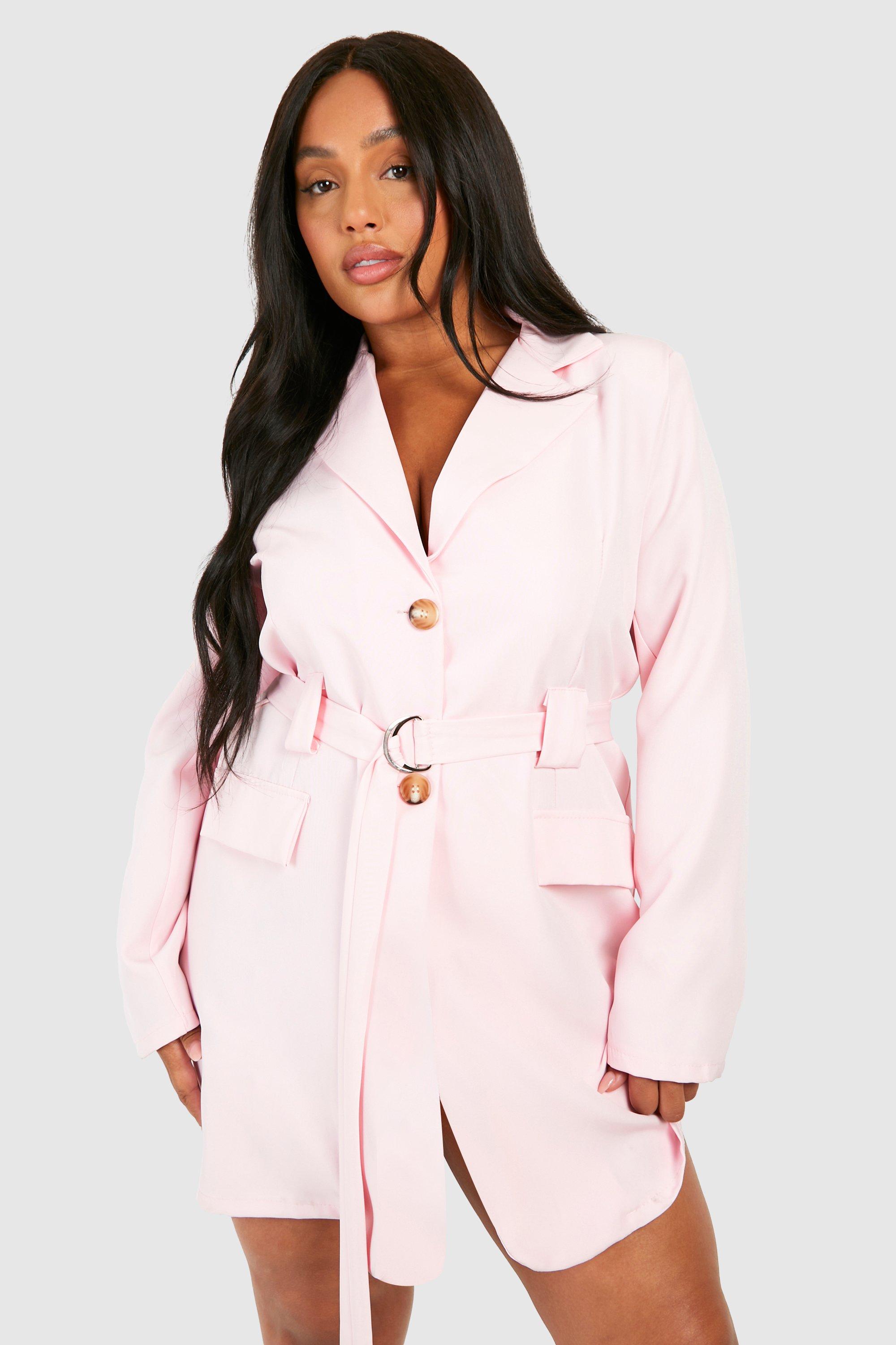 Boohoo Plus Utility Linen Belted Blazer Dress, Baby Pink