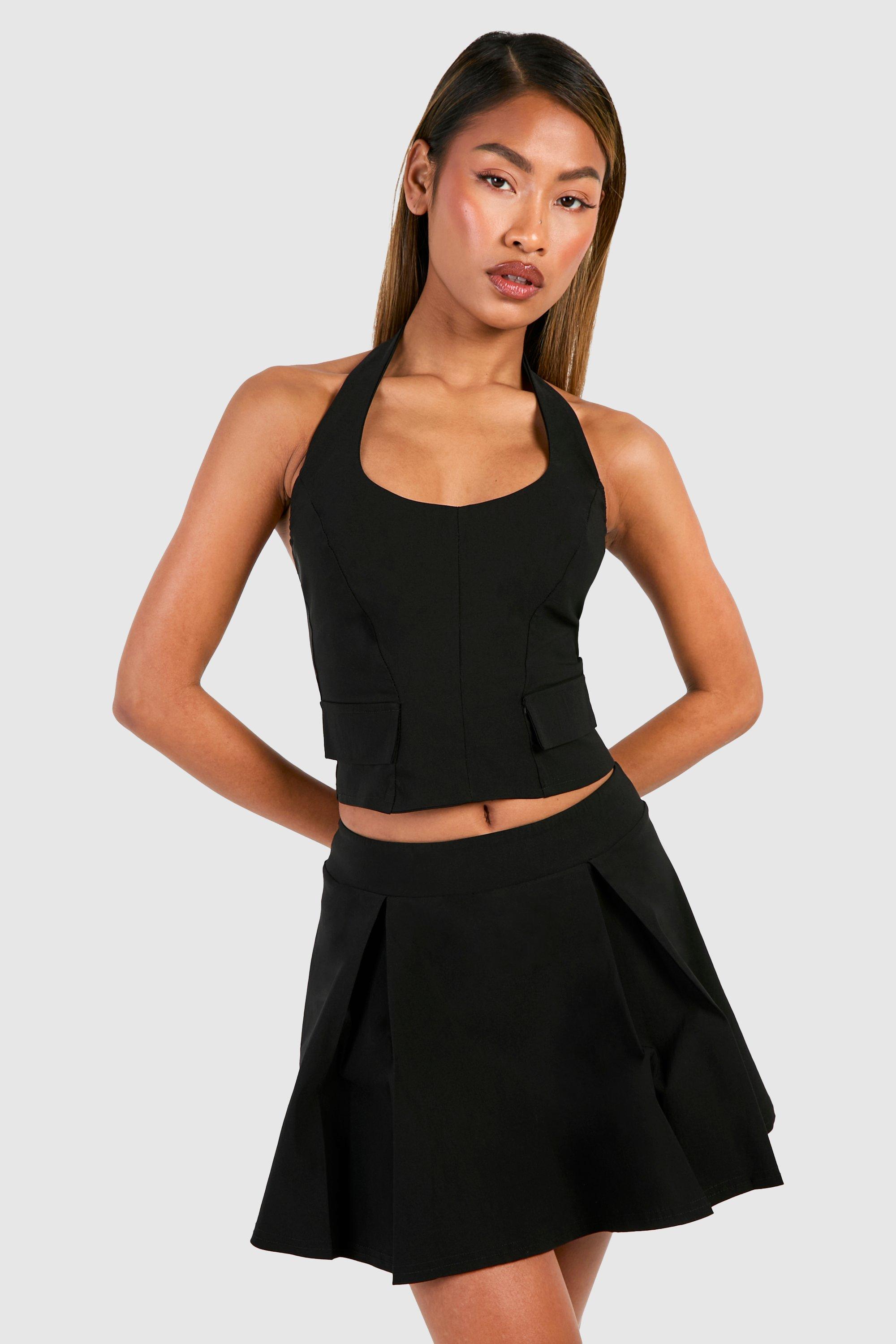 Boohoo Pocket Detail Halterneck Top & Pleated Mini Skirt, Black
