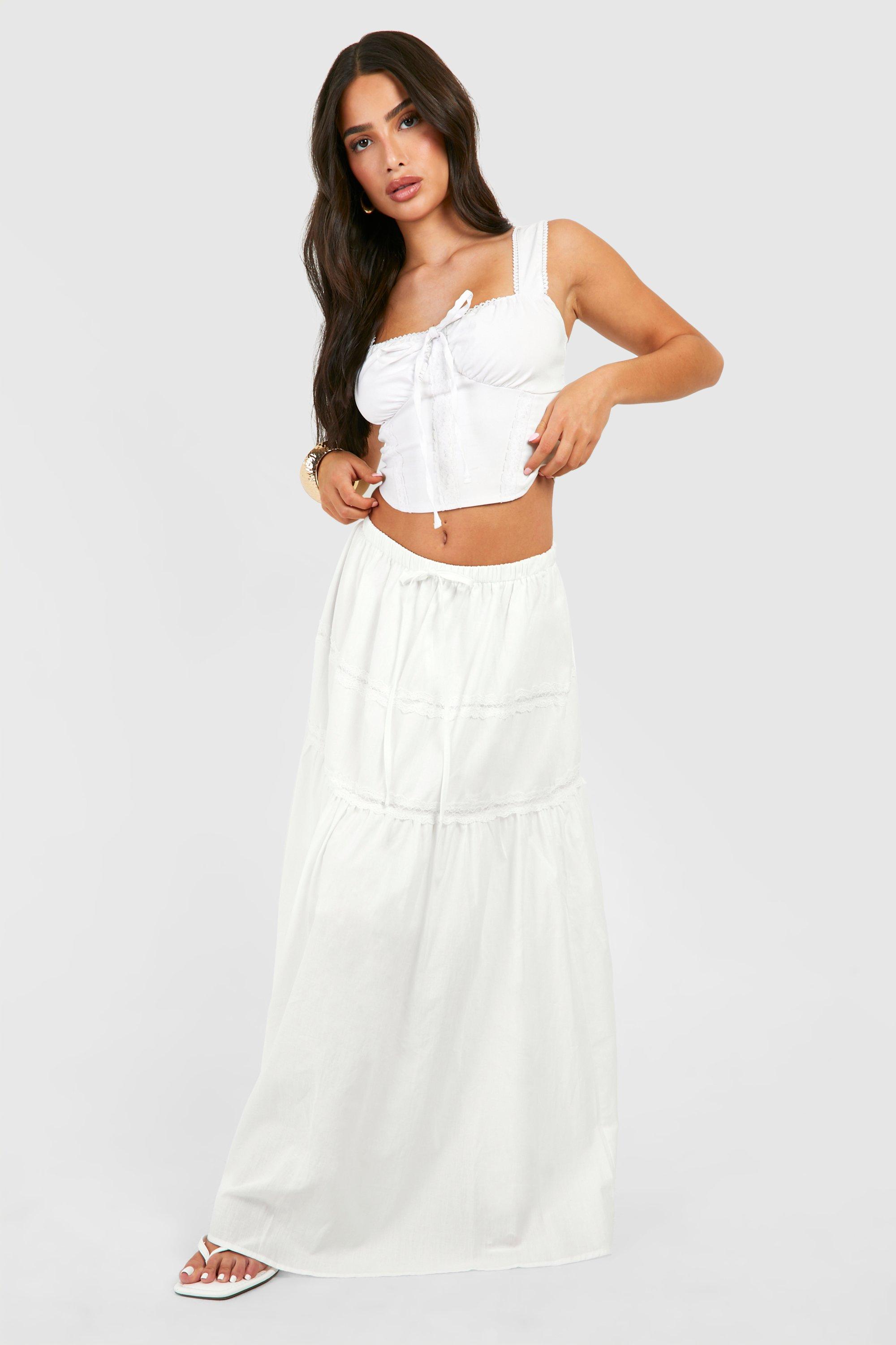 Boohoo Petite Lace Trim Tiered Woven Maxi Skirt, White