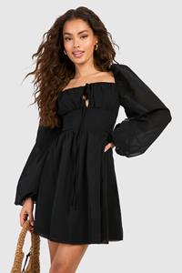 Boohoo Chiffon Blouson Sleeve Milkmaid Mini Dress, Black