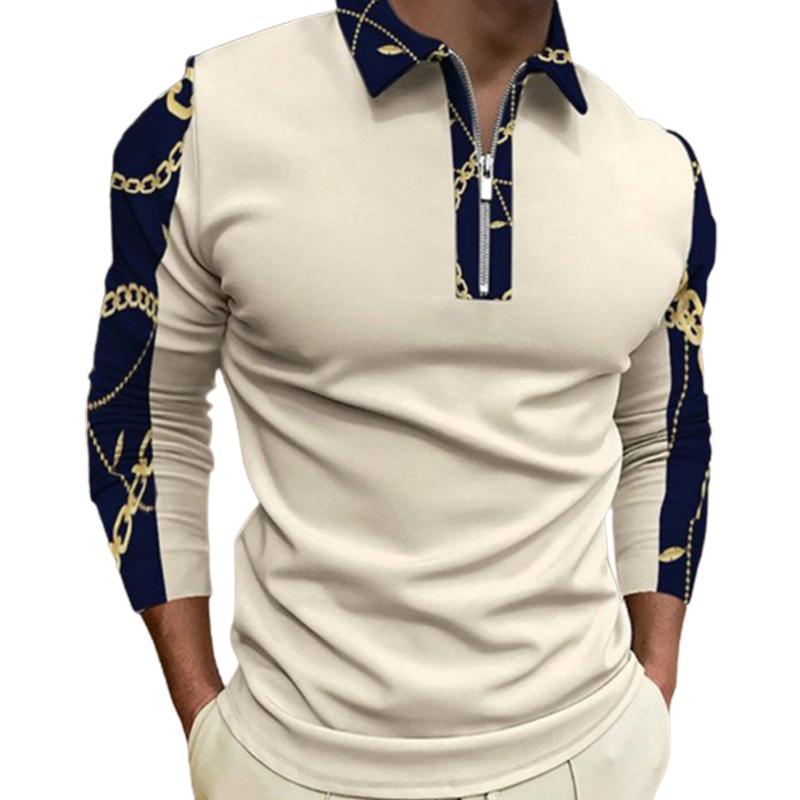 3D Custom Clothing Polo Shirts Men Long Sleeve Fashion Khaki Chain Print New Men's Polo Shirt Long Sleeve Zipper T-shirt Top