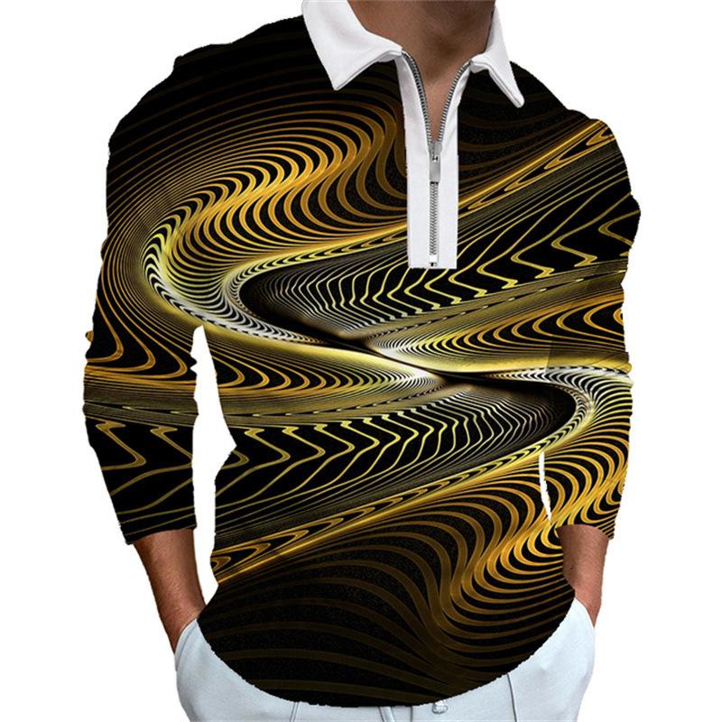 3D Custom Clothing Poloshirts Heren met lange mouwen Mode Geel doolhofprint Nieuw herenpoloshirt met lange mouwen en rits T-shirt Top