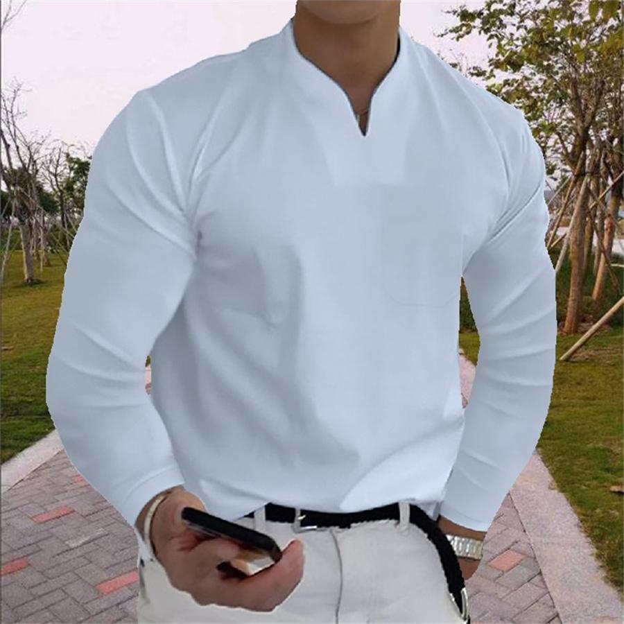 HerSight Effen kleur groot formaat geen zak sport-T-shirt heren elastische lange mouw herfst V-hals heren T-shirts