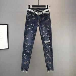 Mille Lente damesmode hoge taille slim fit vlinder strass versierde jeans