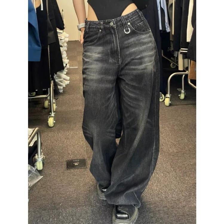 YUMI wardrobe Vintage zwarte wijde pijpen jeans vrouwen oversized high street Koreaanse mode baggy denim broek grunge Y2k vrouwelijke hiphop