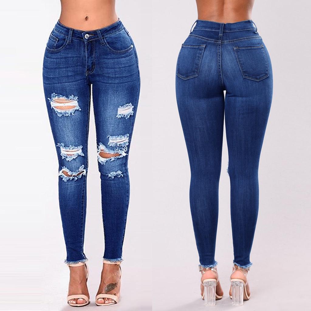 Lovelife0814 Mode dames jeans denim gat vrouwelijke midden taille stretch slanke sexy potloodbroek