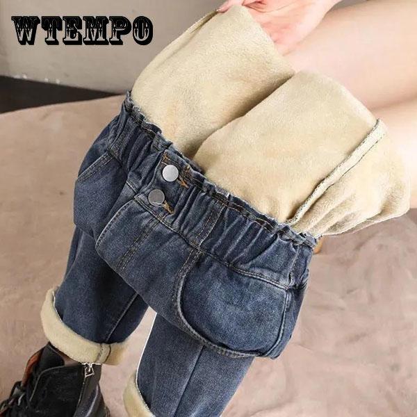 WTEMPO Dames winter pluche verdikte hoge taille jeans vrouwelijke losse casual elastische taille lange denim broek
