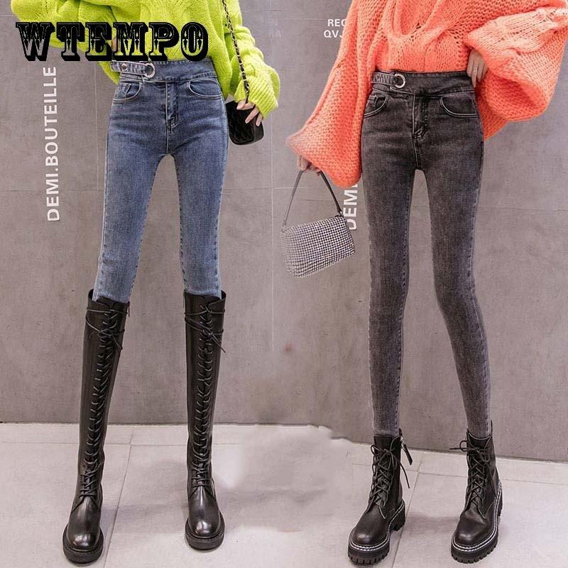 WTEMPO Jeans met hoge taille Dames slanke elastische Koreaanse versie All-match denim broek Herfst slanke potlood cropped broek