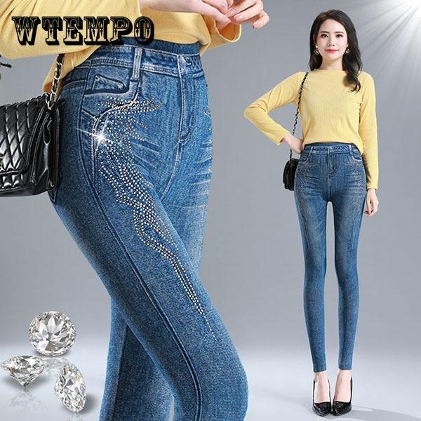 WTEMPO Vrouwen lente grote maat slanke lange broek hoge taille elastische skinny potlood jeans vrouwelijke herfst streetwear strass casual broek
