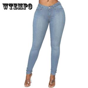 WTEMPO Dames effen kleur streetwear vintage gewassen elastische slanke potloodbroek grote maat jeans stretch skinny denimbroek met hoge taille