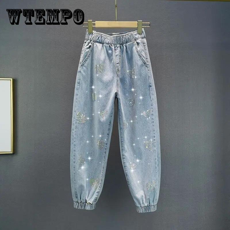 WTEMPO Vrouwelijke elastische taille Casual losse strass lange joggingbroek dames lente herfst grote maat jeans streetwear