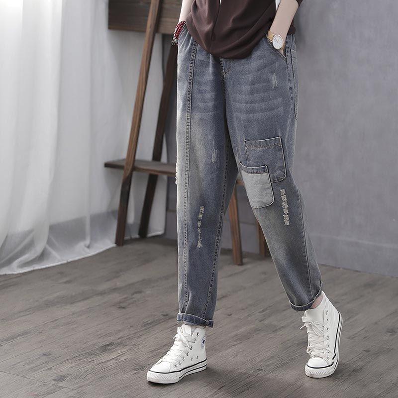 XK22GD Retro Patch Borduren Etnische Stijl Jeans Dames Losse Trendy Harem Casual Broek Dames