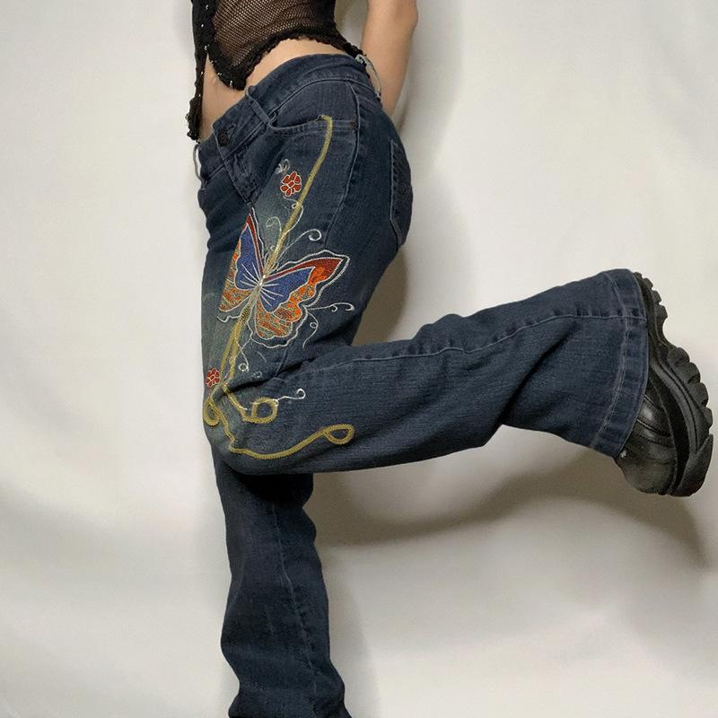 Yukiesue Straight Fit Jeans Vrouwen Laagbouw Denim Jeans Wijde pijpen Broek Borduren Femme Broek 2022 Mode Y2k Streetwear Bodems