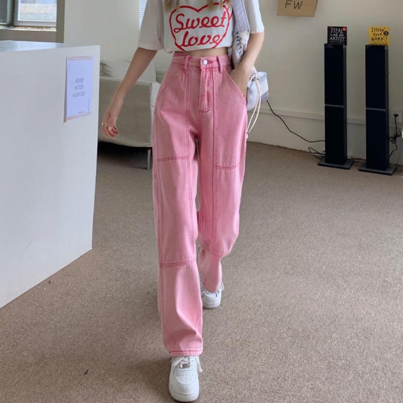 Yukiesue spring 2022 womens fashion high waist Women's Wide leg jeans baggy woman denim capris Pants jean mom jeans trousers pink