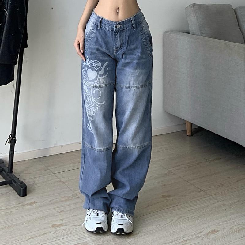 Yukiesue Harajuku gedrukt Cargo Jeans Y2K Donkerblauw bruin Hoge Taille Streetwear 90S Baggy Jeans Vrouwen Broek Rechte jeans met wijde pijpen