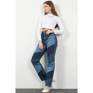 Blue White Kadın Yüksek Bel Parçalı Straight Fit Jean Pantolon Mavi