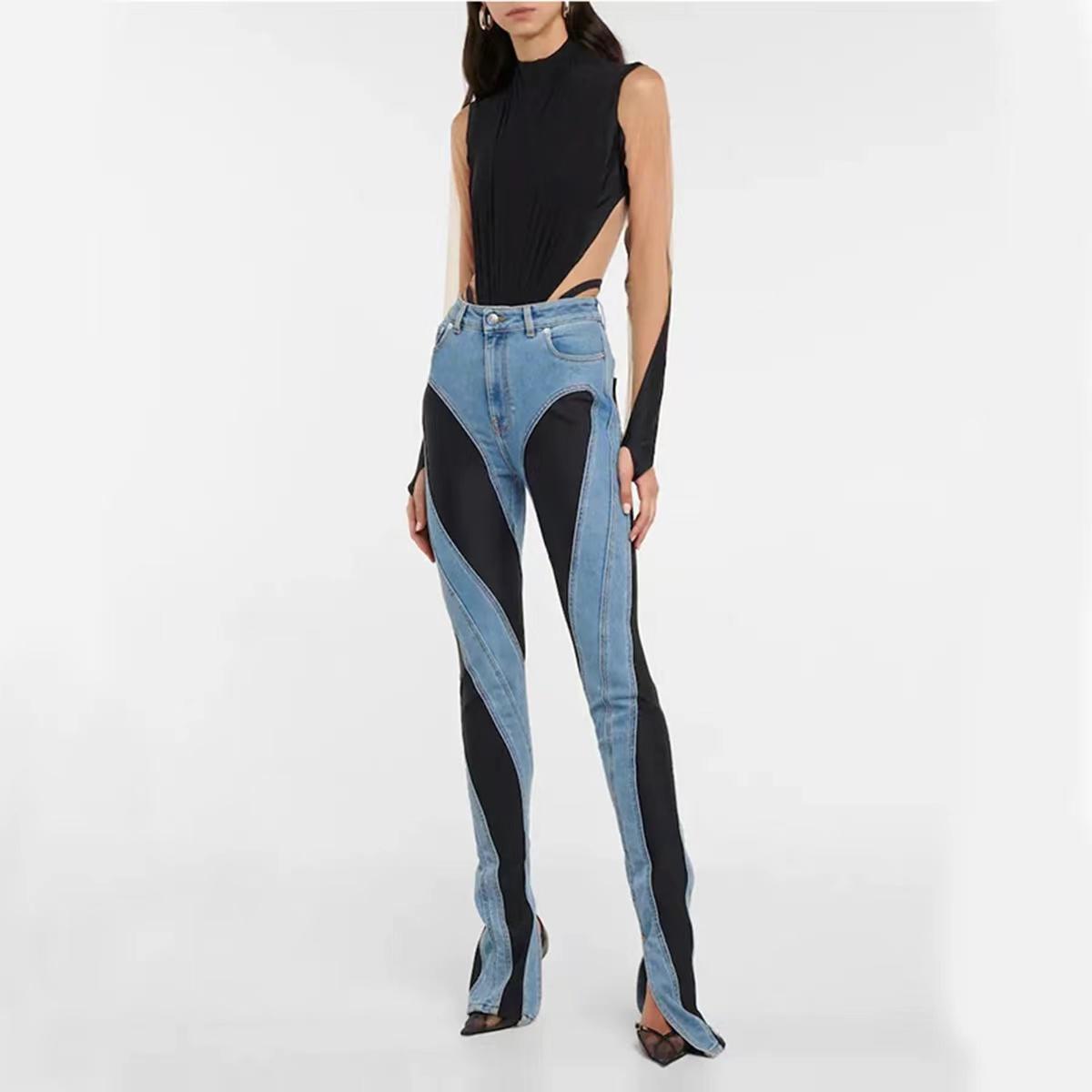 FIVE FIVE Vrouwen spiraal twee-kleur gesplitste stretch hoge taille skinny jeans vrijetijdsbroek been spleet lange micro trek de vloer jeans