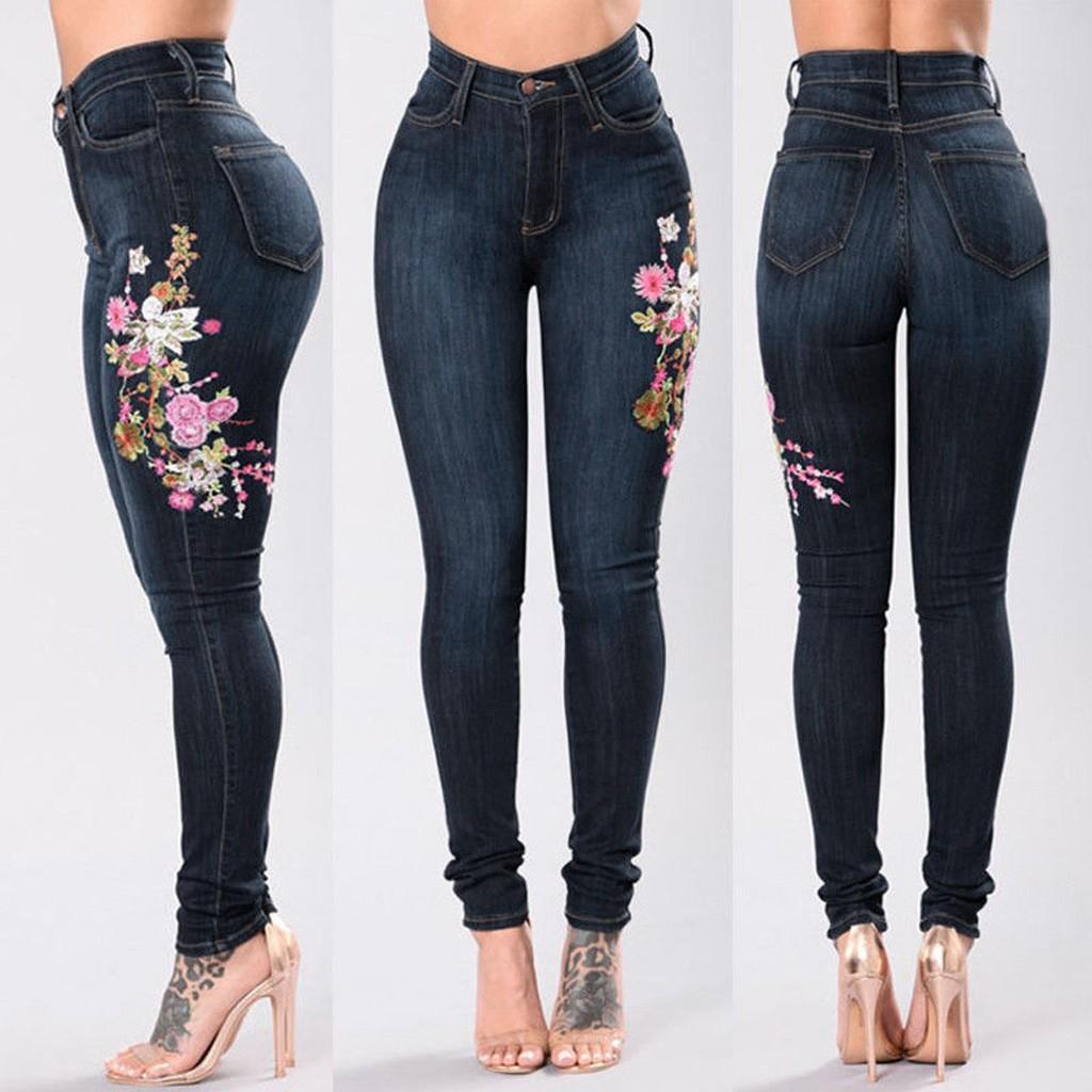 Lead72er (ZO)Mode Dames Geborduurde Knoopzak Hoge Taille Denim Broek Skinny Slim Jeans