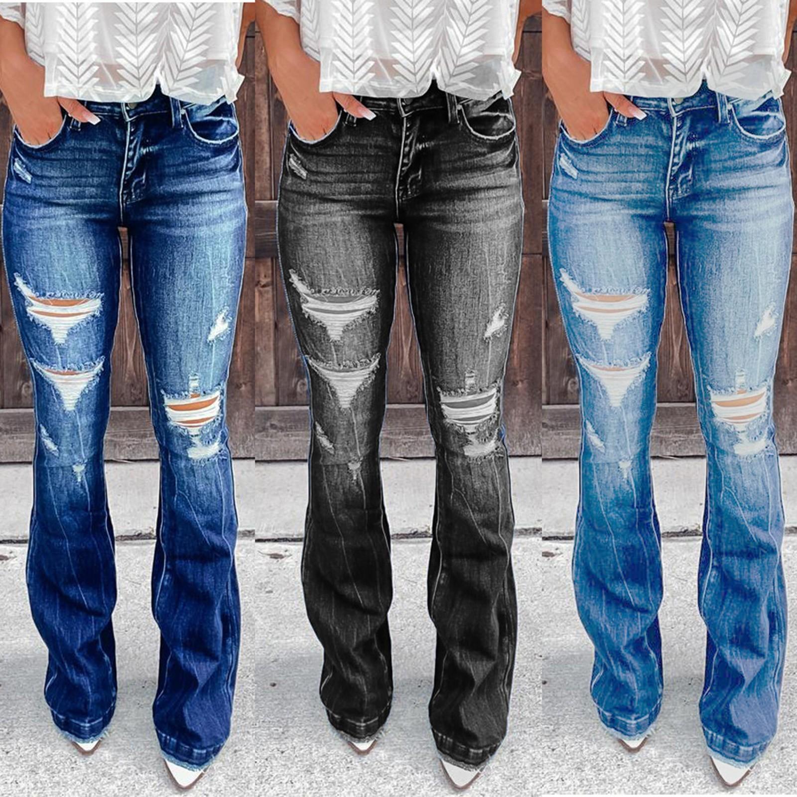 Vineal Mode Dames Pocket Solid Jeans Denim Broek Vrouwelijke gatbodem Casual broek