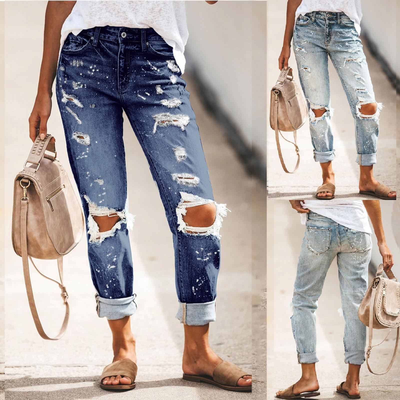 Vineal Mode Dames Zakken Knoop Mid Taille Skinny Ripped Jeans Broek Gatbroek