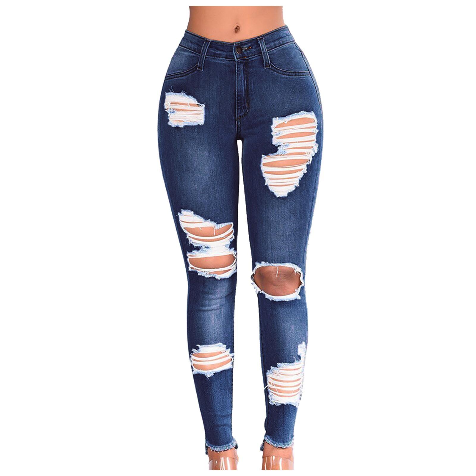 Westlife (ZO)Dames slank plus maat gescheurd gat gradiënt lange jeans denim normale broek