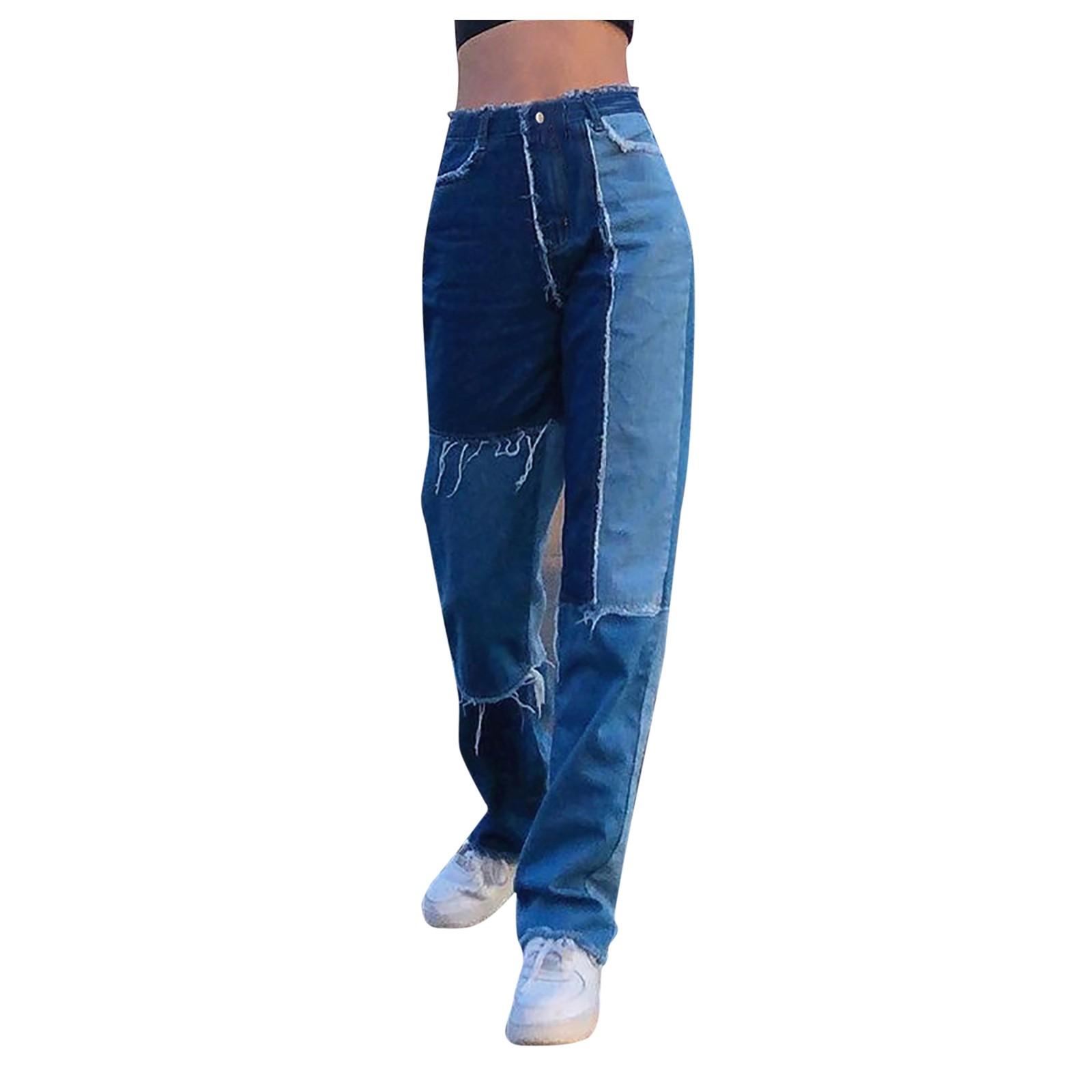 Jolian (ZO)Casual jeansbroek met rechte pijpen, contrasterende kleur en hoge taille voor dames