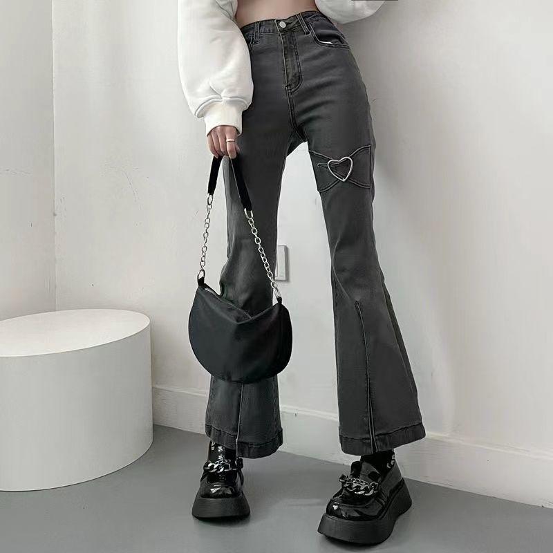 NiXis Damesjeans Vintage grijze denim flare broek Street Style hoge taille slanke splitbroek Harajuku Y2k kleding vrouwelijk