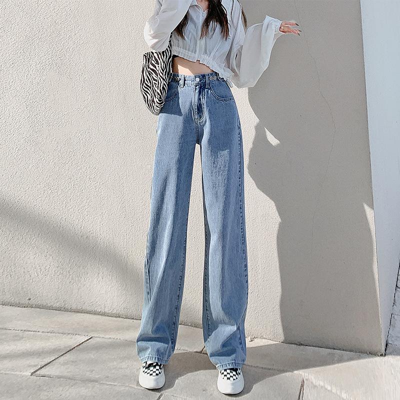 SIMANNIKA Damesjeans Lente en zomer mode Koreaanse versie lichte kleur hoge taille casual losse rechte broek Y2K streetwear baggy