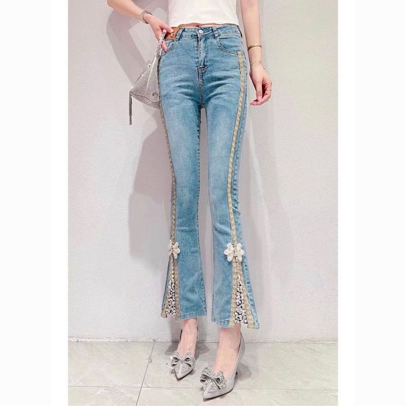 Green1 Designgevoel zware industrie kralen driedimensionale bloemenzoom jeans met split dames zomer hoge taille negenpunts micro-uitlopende broek