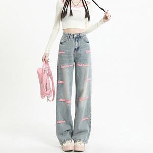 NiXis Geborduurde Jeans Vrouwen Lente Herfst Koreaanse Stijl Retro Baggy Denim Broek Harajuku Rechte Wijde Pijpen Broek Streetwear