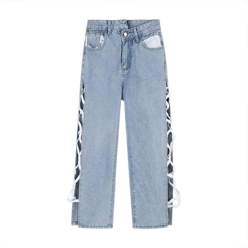 SuSuhui Europese en Amerikaanse stijl jeans met hoge taille en gespleten bandjes voor dames met rechte mouwen en slanke wijde pijpen, modieuze dameskleding