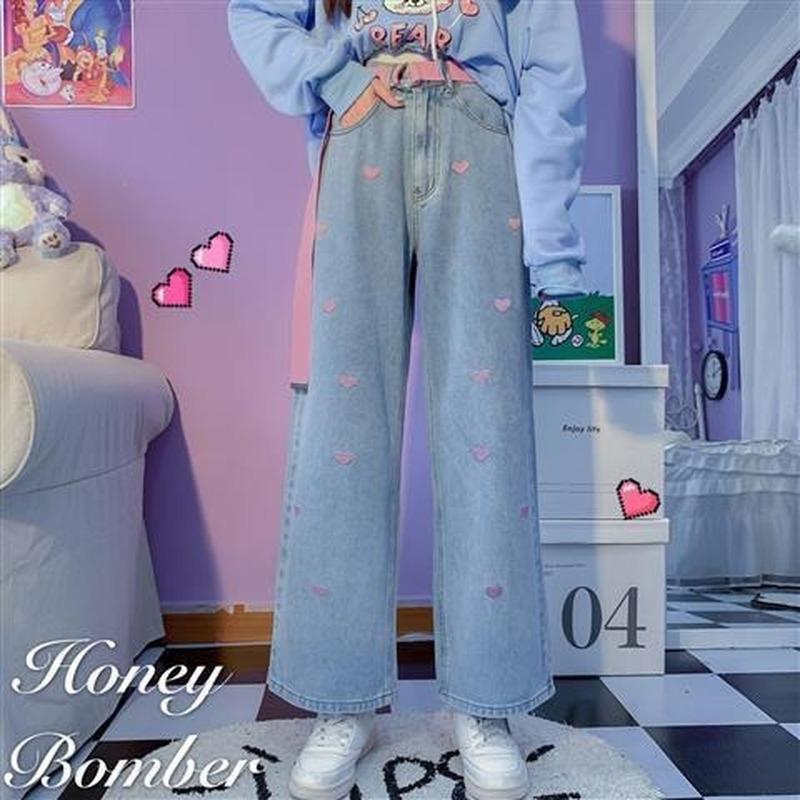 Rockulzzang Borduren Hart Leuke Jeans Denim Broek met riem hoge taille Koreaanse mode-stijl kawaii kleding dames student slank recht