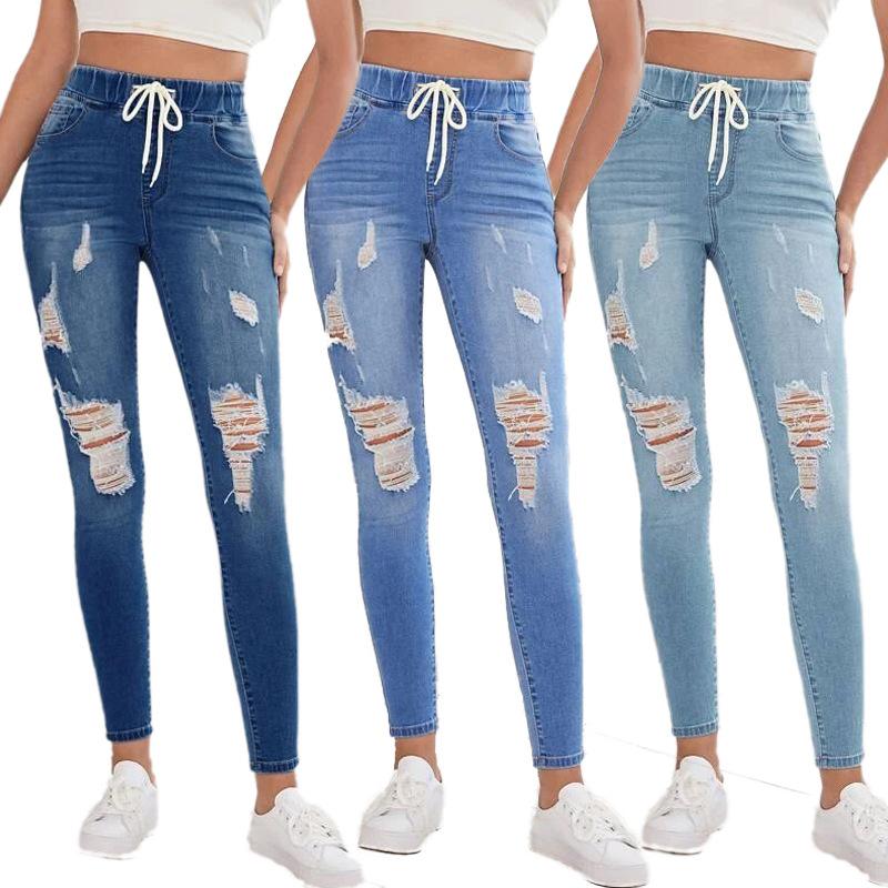 Heimao1949 Denim jeans met trekkoord, elastische taille voor dames, hoge taille, gescheurd gat, stretch, slanke potloodbroek, jeansbroek met veters