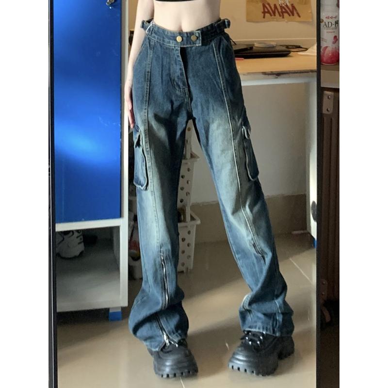Rockulzzang Cargostijl damesjeans denim broek met ritssluiting en zijzak met split Techwear harajuku streetwear y2k lage taille